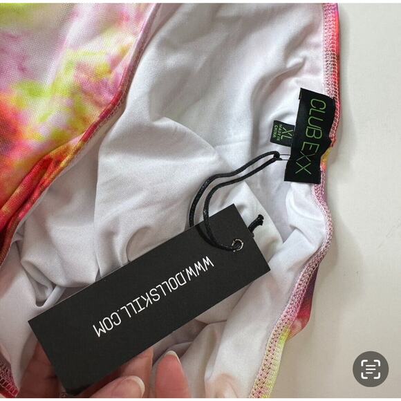 Club Exx Long Sleeve Mesh Crop and Matching Mini Skirt Tie Dye Pink Yellow Red L - Picture 13 of 13